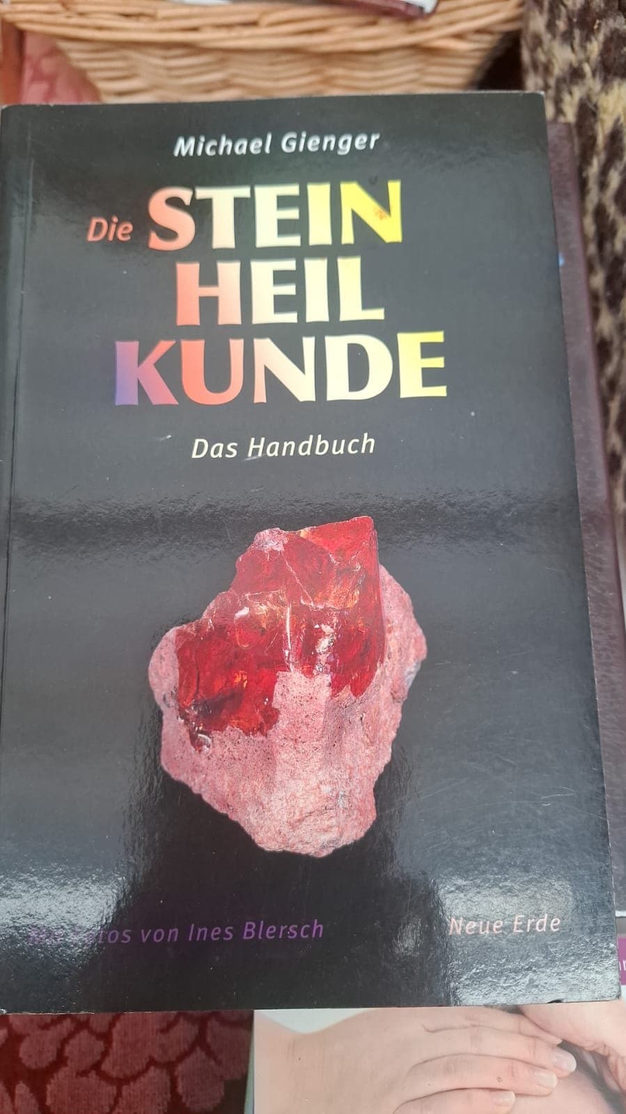 Handbuch mit einem roten Mineralstein auf dem Einband