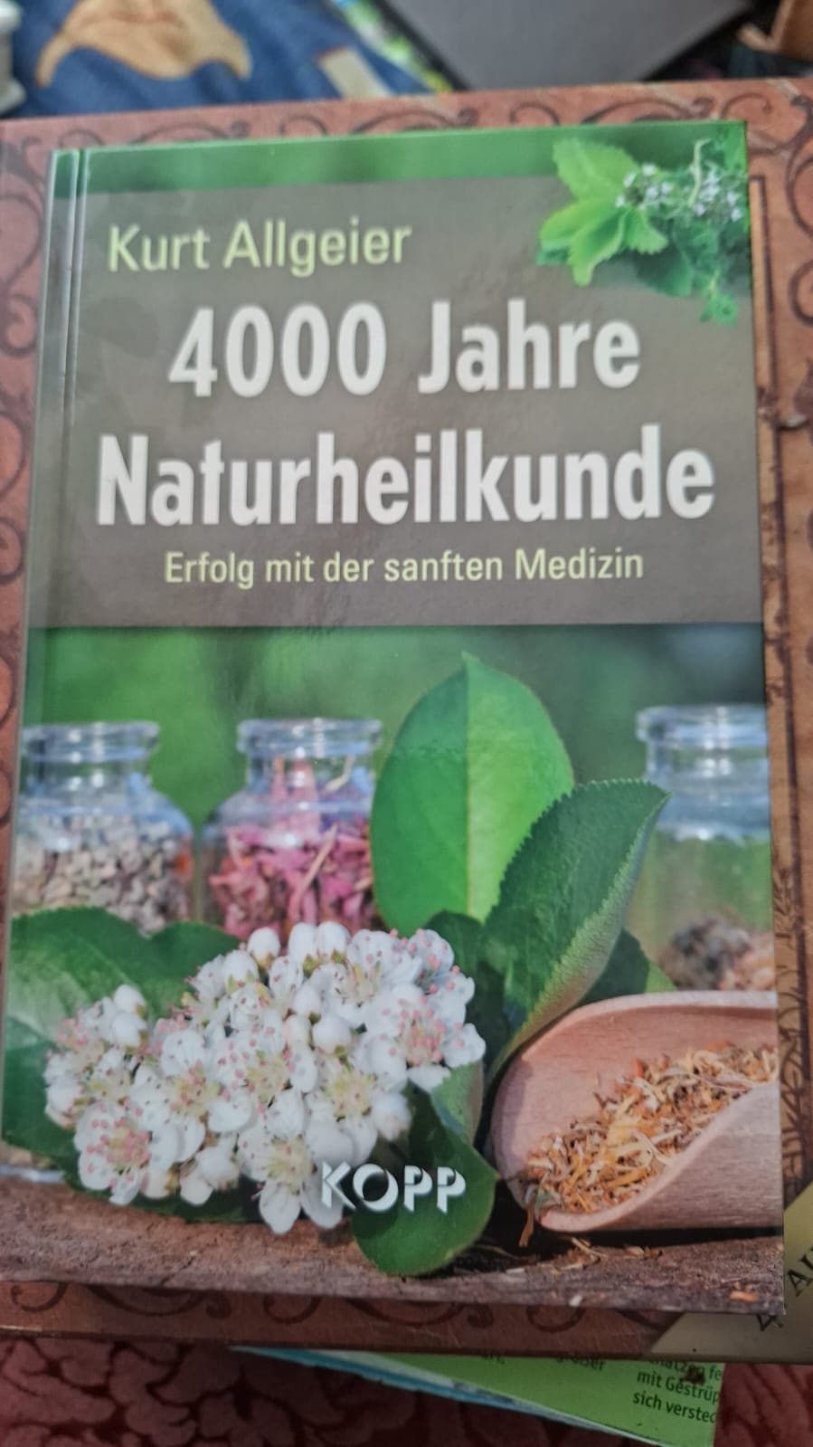Ein Naturheilkunde-Buch aus Ritas Regal liegt auf einer geschnitzten Holzkiste